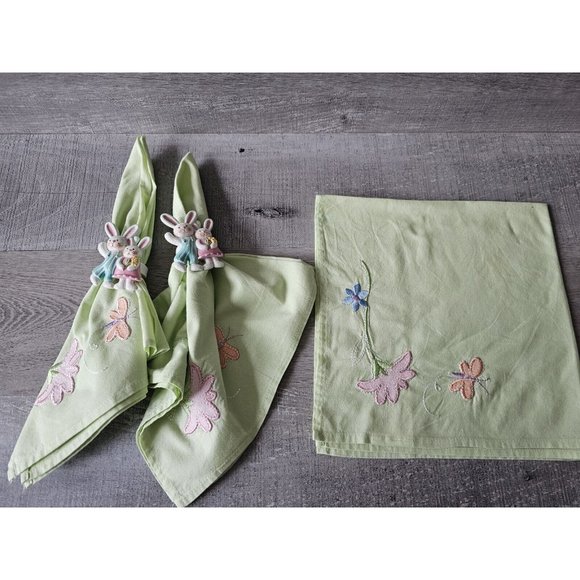 Vtg EASTER Spring Cloth Napkins & Rings Bunny Flower Set Of 3 Square 20" 1990s - Picture 2 of 15